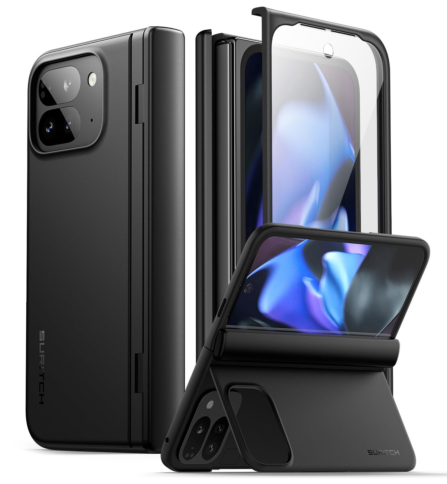 SURITCH Google Pixel 9 Pro Fold対応ケース(キックスタンド、ヒンジカバー、スクリーンプロテクター付き)スリムで頑丈な耐衝撃保護カバー(Pixel 9 Pro Fold 2024用) - ブラック