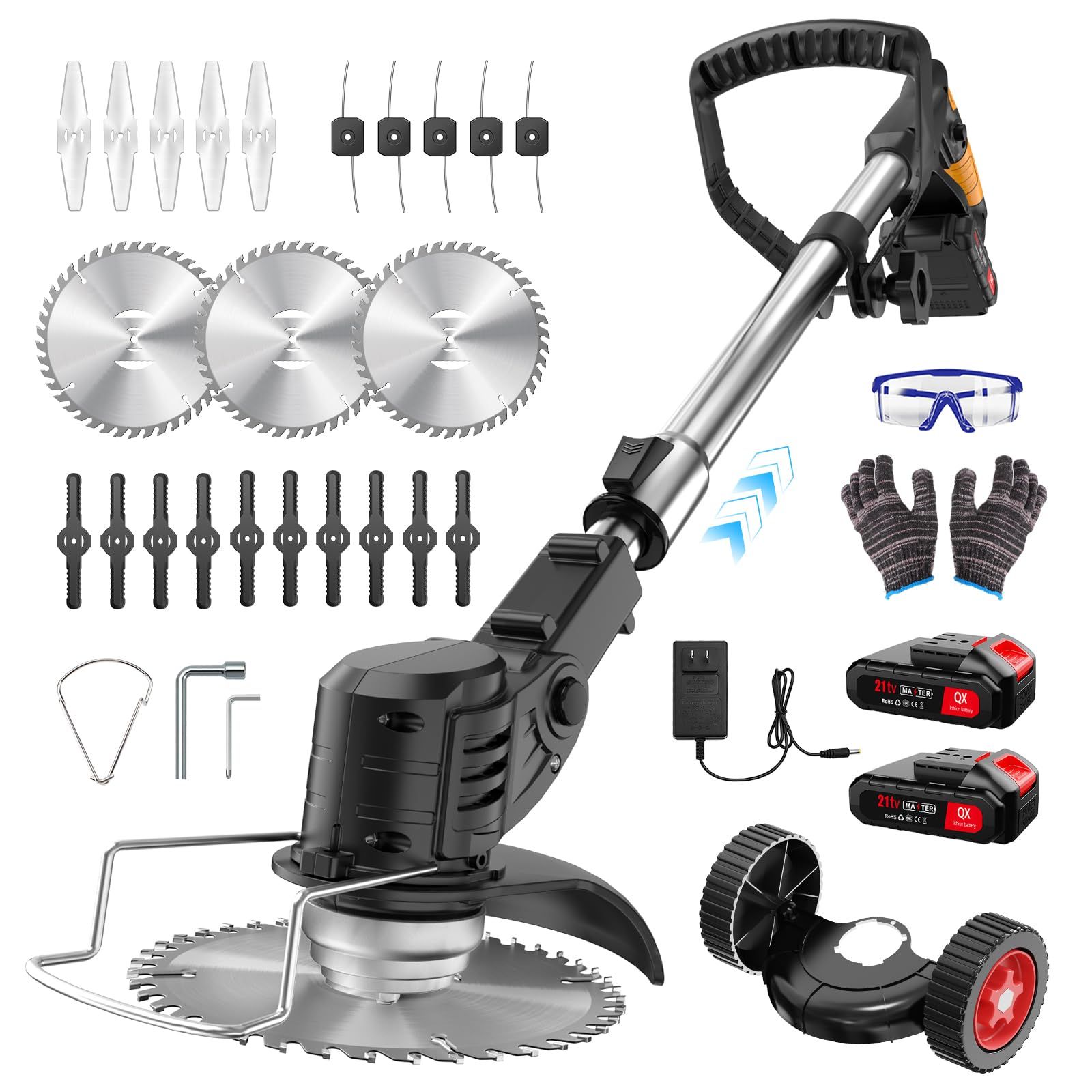 草刈り機 充電式 高性能 21V 4000mAhのバッテリー総容量 強力電動草刈り機 1880W 低騒音 補助ホイール 伸縮可 角度調整可 多替刃付き 農業および家庭用の芝刈り機 充電式 PSE認証済 日本語説明書付き 黒/ ead50c99