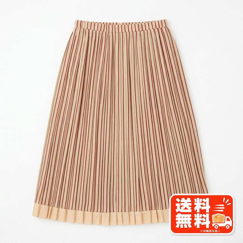 ストライプ柄 プリーツロングスカート ベージュ×レッド 裾切替 iCB風