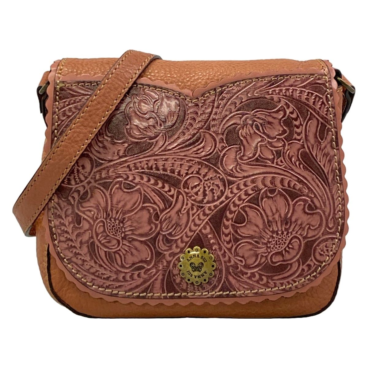 ANNA SUI(アナスイ) ショルダーバッグ - ピンクブラウン×ボルドー フラワー(花)/フリル レザー