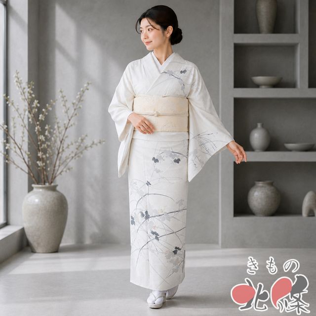 特選 訪問着 着物 未使用 正絹 袷 フォーマル 草花文様 灰白色 薄墨色 多色 身丈160cm 裄63.5cm M きもの北條 A1377-6