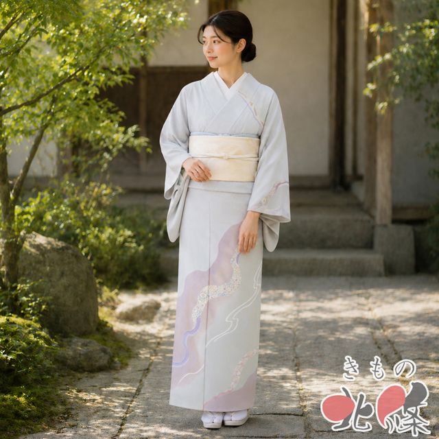 訪問着 着物 未使用 正絹 袷 金駒刺繍 花紋 華文 波文 反端付き 灰みの薄緑色 梅鼠色 多色 金 身丈157cm 裄63cm M きもの北條 A1377-4