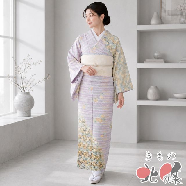 訪問着 着物 中古 正絹 袷 フォーマル 植物文様 つわぶき 石蕗 薄色 多色 金 身丈154cm 裄63cm SA きもの北條 A1377-9