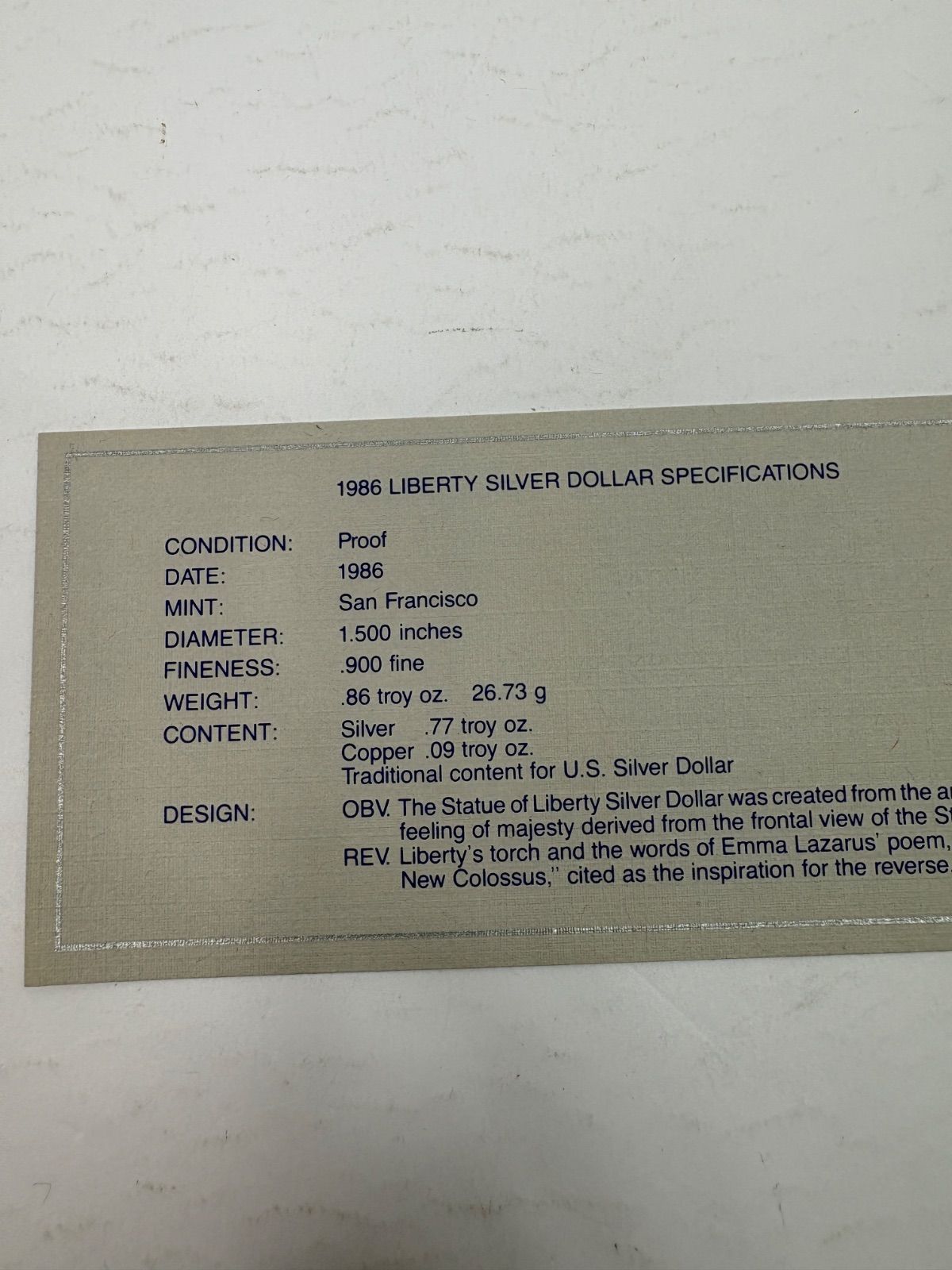 1986 自由の女神記念銀貨 1ドル プルーフ銀貨 Liberty Silver Dollar