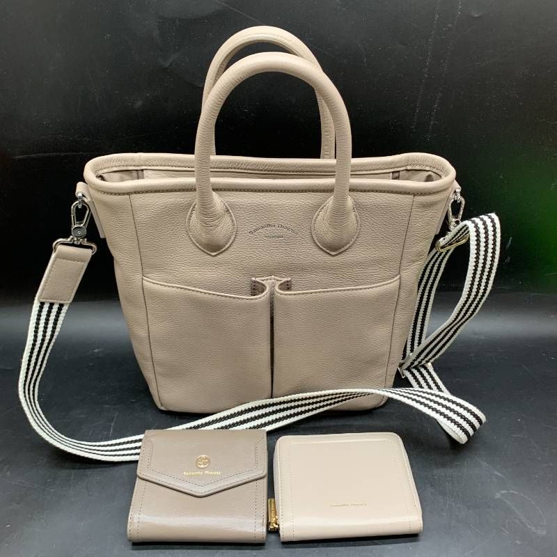 Y486　3点セット Samantha Thavasa　フロントポケット レザートートバッグ　ベージュ 二つ折り財布コインケースカードケース