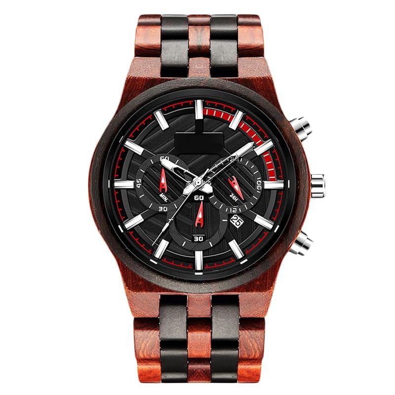 【新品】 RORIOS watch 木製腕時計 メンズ 天然木 人気 時計 夜光 個性的 軽量クオーツ ウッドウォッチ トラベル おしゃれ カジュアル ビジネス 出張 通勤 通学 レッド（レッドサンダルウッド＆黒檀）