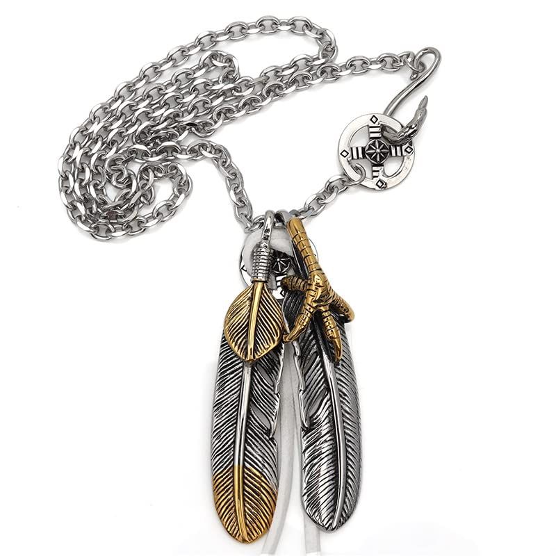 【新品】 [silver KYASYA]ステンレス素材 特大フェザーネックレス ペンダント 羽根 金爪フェザー 上金ハート 先金フェザー 2枚 メンズネックレス