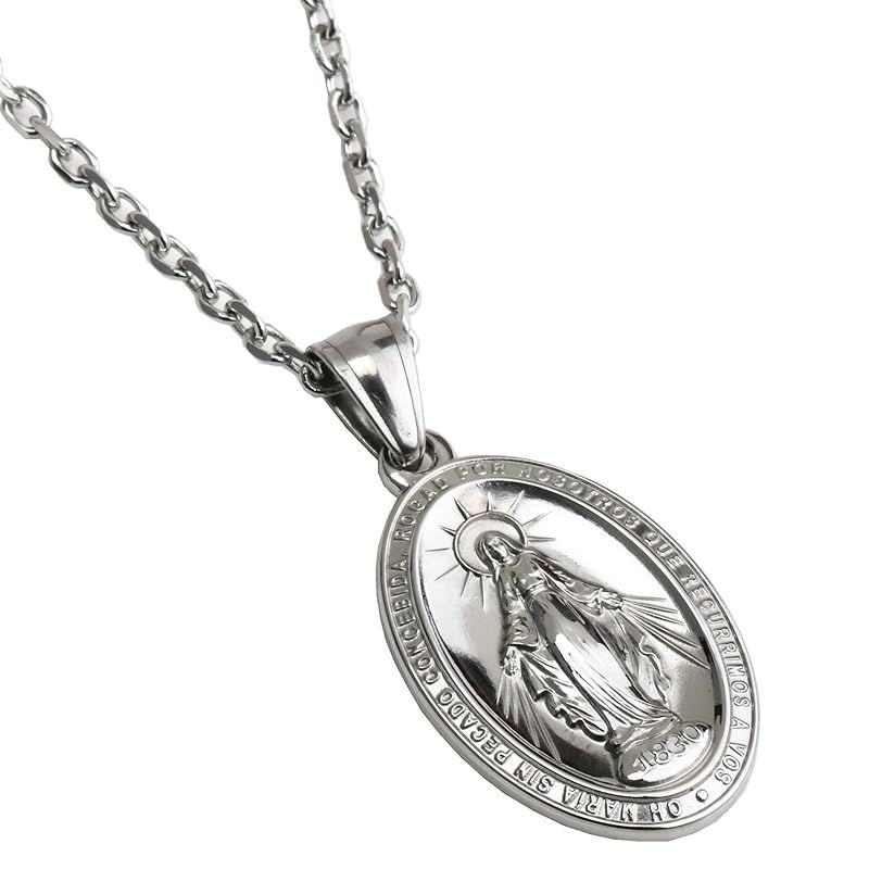 【新品】 「silverKYASYA」ステンレス素材 不思議のメダイ ネックレス メンズ 聖母 マリアネックレス シルバー コイン ペンダント レデース (50)