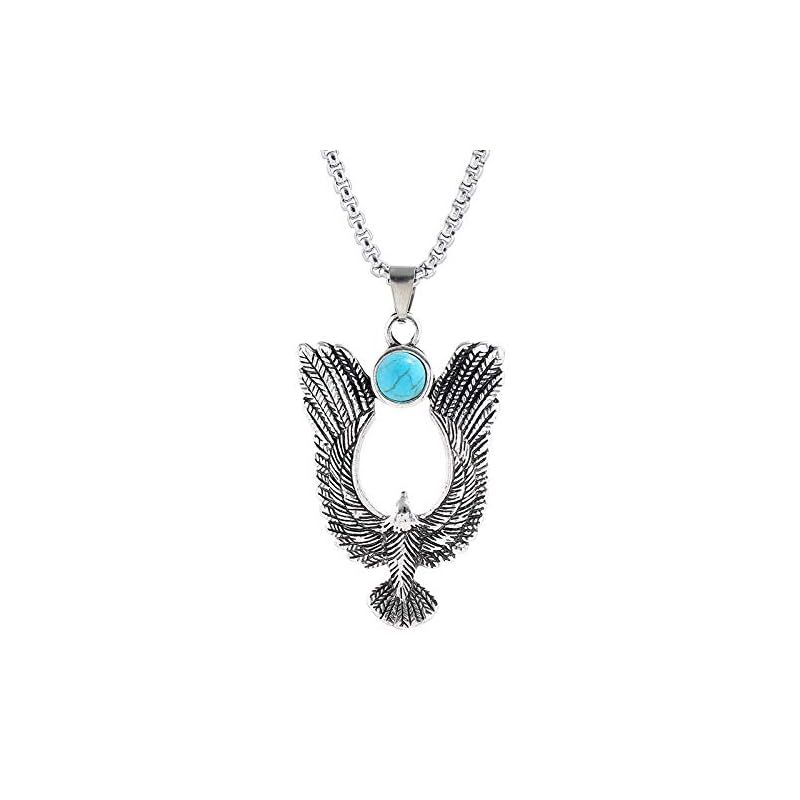 【新品】 [Rockyu] ネックレス メンズ シルバー フェザー ペンダント トルコ石付き イーグルデザイン チェーン付き アンティーク風 フェザー アクセサリー 男性用 クリスマスギフト (ワシ)