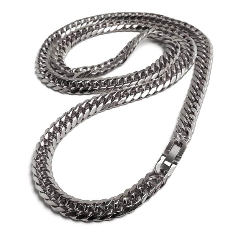 【新品】 [silver KYASYA] ステンレス 定番 ダブル喜平ネックレス 幅7mm 細身 チェーンネックレス メンズ 6面カット シルバー 45cm 50cm 60cm 細め 中折れ式留め具 金属アレルギー対応（50cm）
