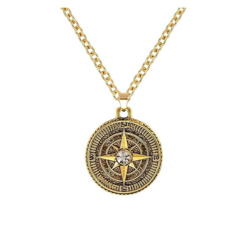 【新品】 女性男性のシルバーカラー八角星ラウンドネックレスチェーンジュエリーのためのクロスペンダントネックレス (Metal Color : Gold)