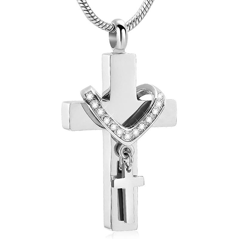 【新品】 [Rockyu] ネックレス メンズ レディース ステンレス 十字架ペンダント メモリアルジュエリー 遺灰 遺髪収納 ハートモチーフ 香水ボトル型 アジャスタブル 長さ調節可 記念品 ペット供養 (Silver)
