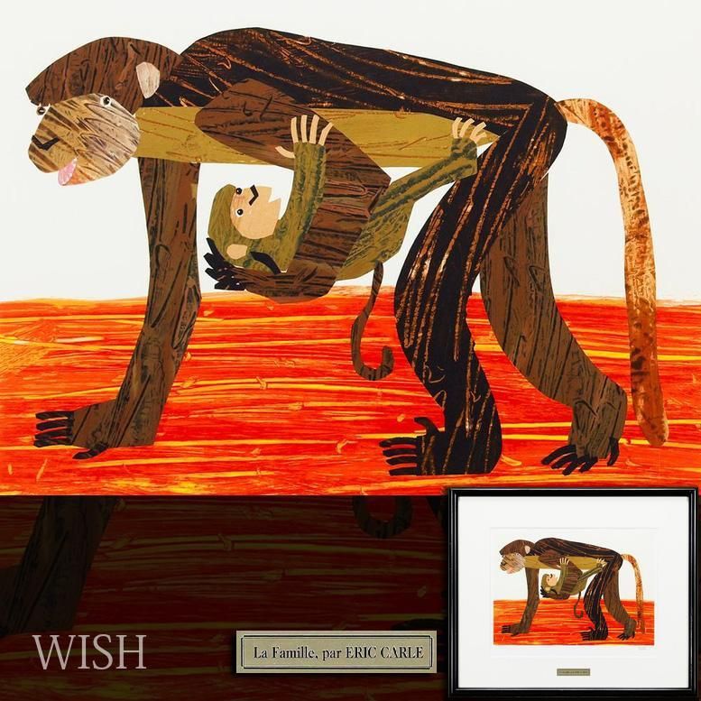 【真作】【WISH】エリック・カール Eric Carle「La Famille」ジクレー 直筆サイン 猿の親仔 　　〇代表作「はらぺこあおむし」 #26052529