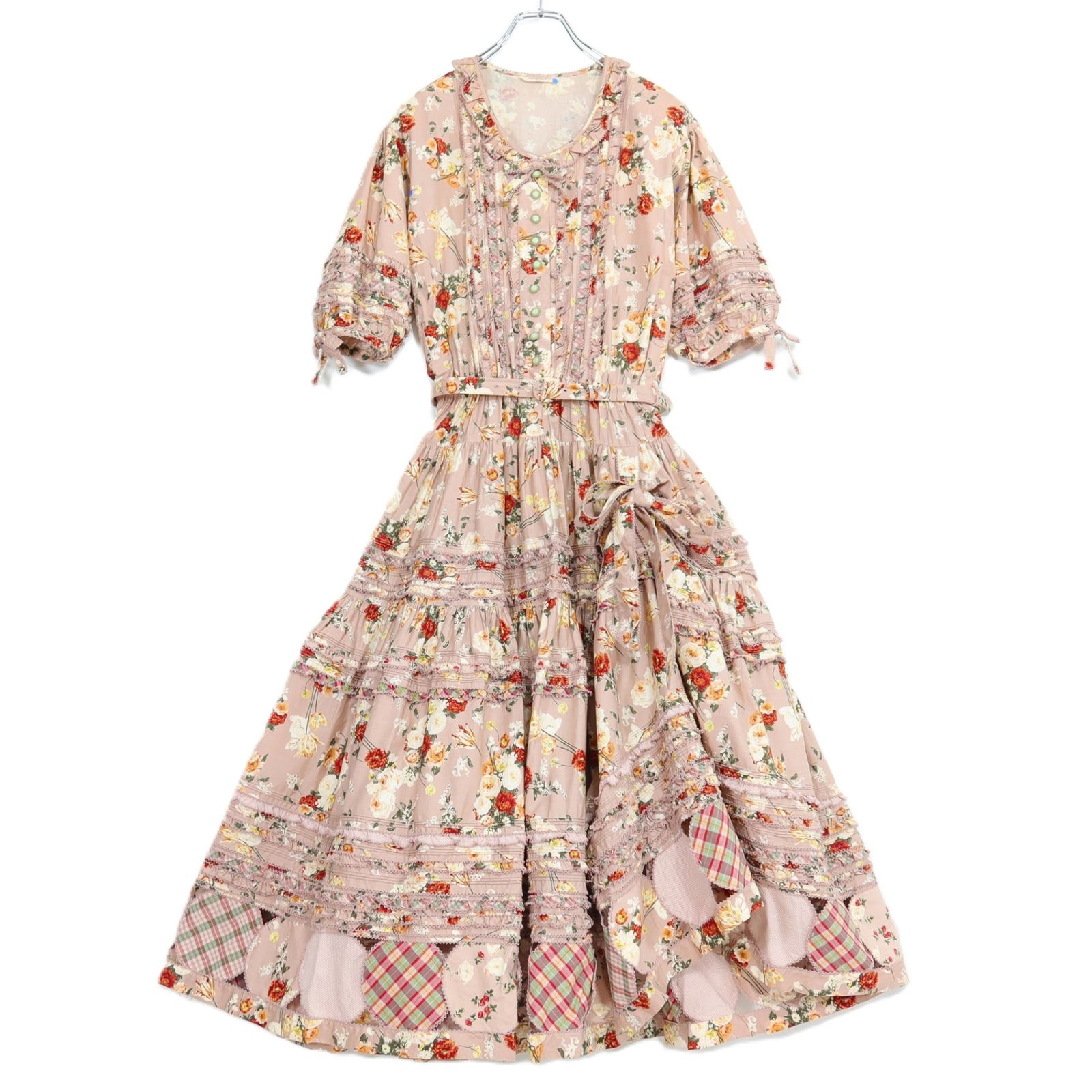 ワンダフルワールド カネコイサオ★パッチワーク&たくし上げ♪花柄半袖ワンピース ピンク系 揺れるリボンも♪z21022
