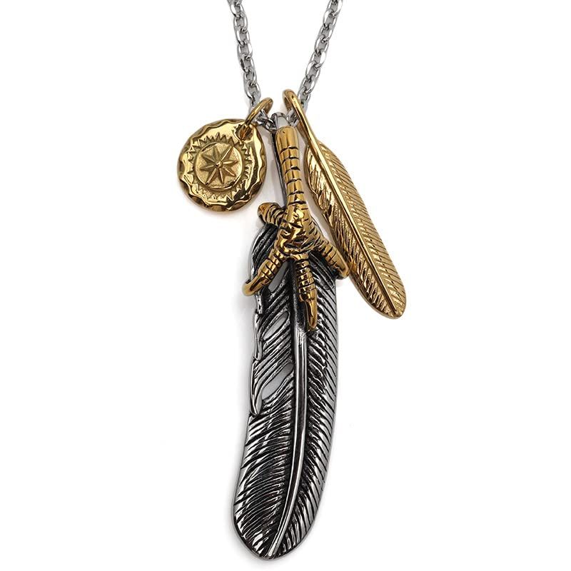 【新品】 [silver KYASYA]ステンレス 三連フェザーネックレス メンズ シルバー 特大フェザー 羽根 金爪 ターコイズ 太陽メタル ペンダント(金爪)