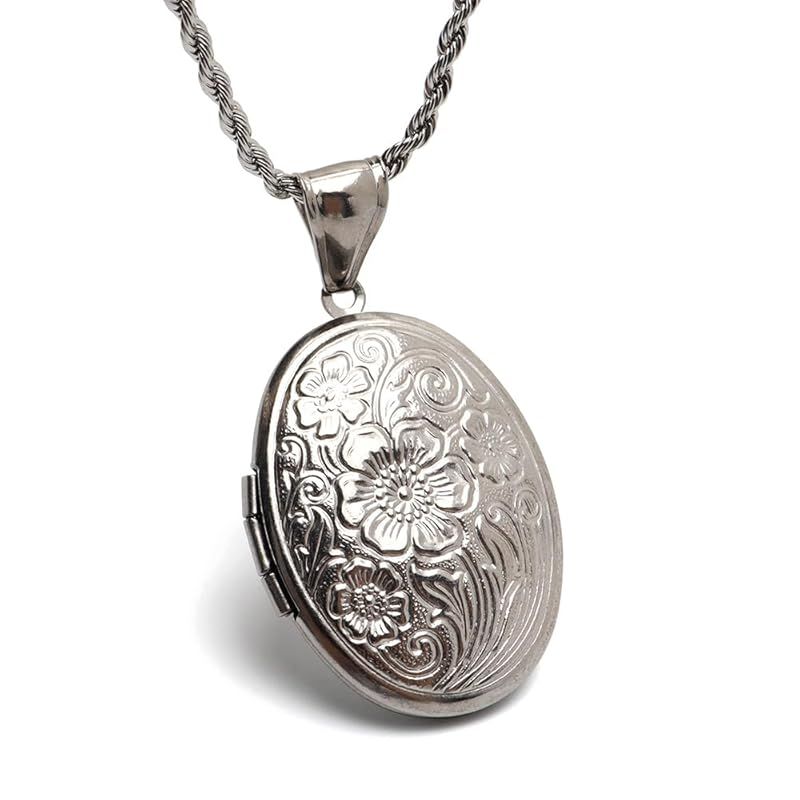 【新品】 [silver KYASYA]ステンレス ロケットペンダント ネックレス 大きめ 写真入れ フラワー ペンダント ネックレス シルバー ロープチェーン ハワイアンネックレス 開閉可能 50cm 60cm メンズ 男性 金アレ対応（50cm）