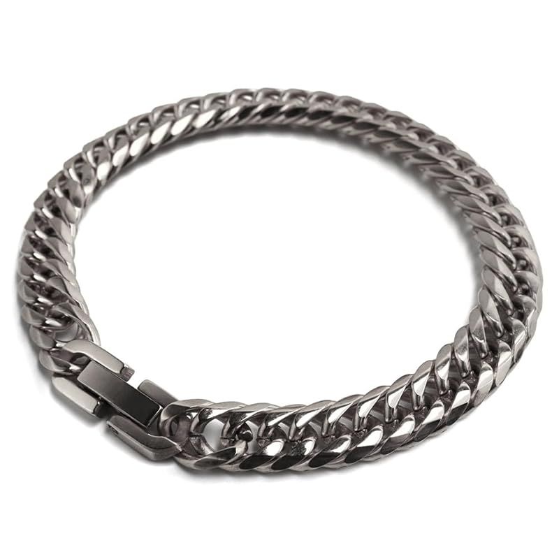 【新品】 [silver KYASYA] ステンレス 定番 ダブル喜平ブレスレット 幅7mm 細身 チェーンブレスレット メンズ 6面カット シルバー 18cm 21cm 細め 中折れ式留め具 金属アレルギー対応（21cm）