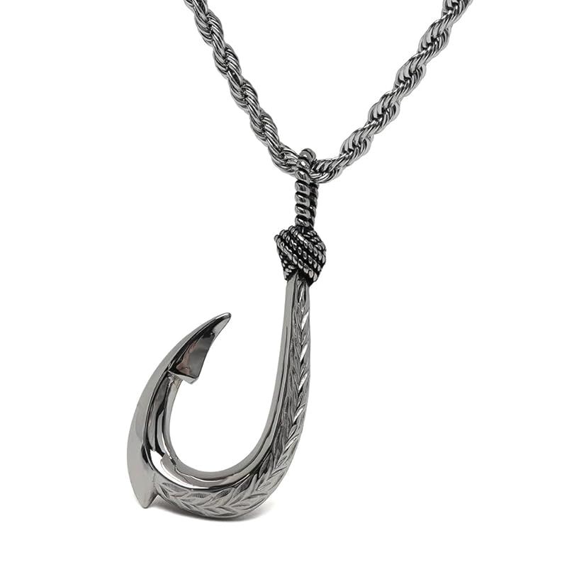【新品】 [silver KYASYA]ステンレス フィッシュフックネックレス シルバー 45cm 50cm 60cm ハワイアンネックレス 釣り針ネックレス ロープチェーン ツイストチェーン 稲穂 スクロール マイレ カレイキニ メタリック 男性 メンズ 金