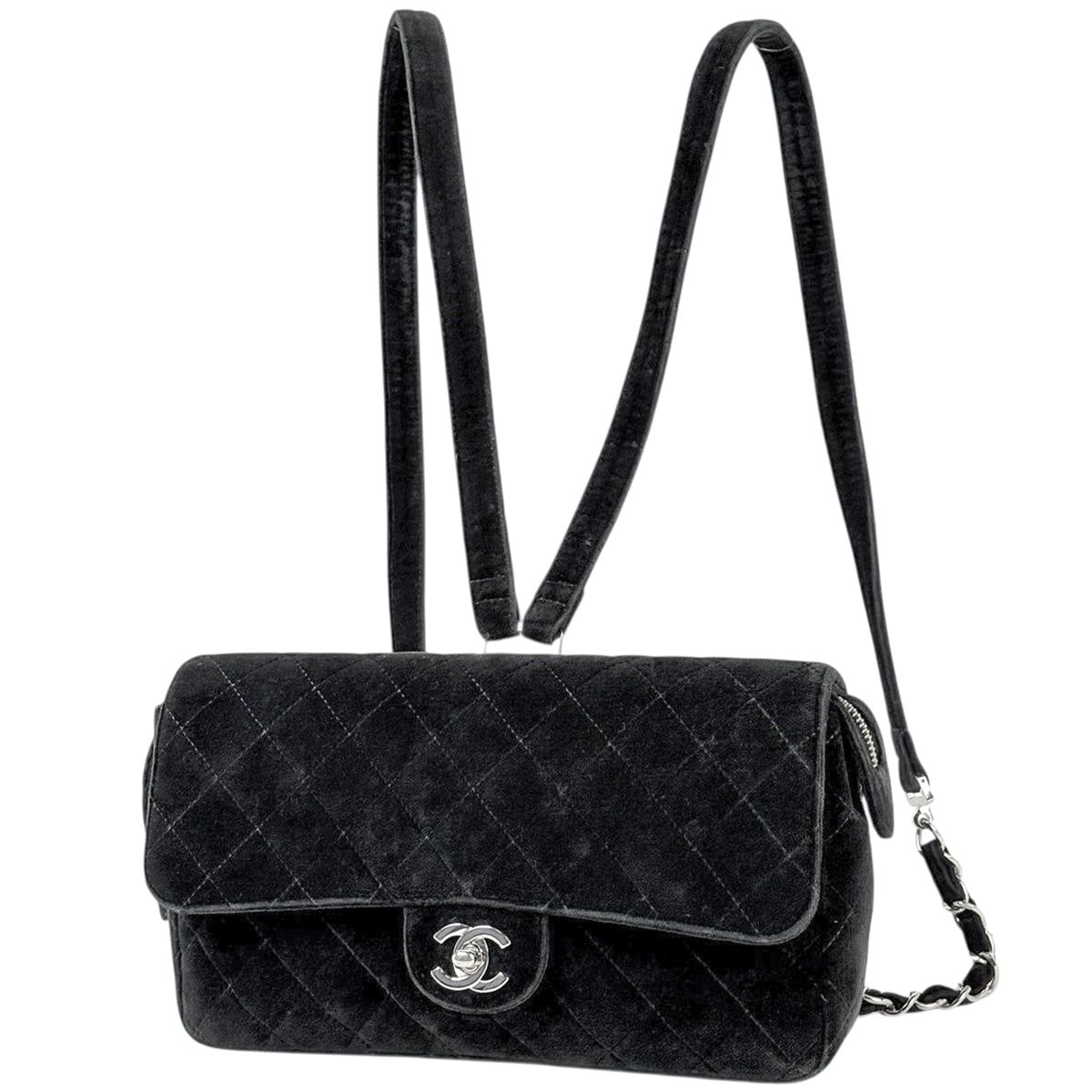 シャネル CHANEL ココマーク チェーン リュックサック マトラッセ バックパック デイパック リュック ベロア ブラック レディース 【中古】