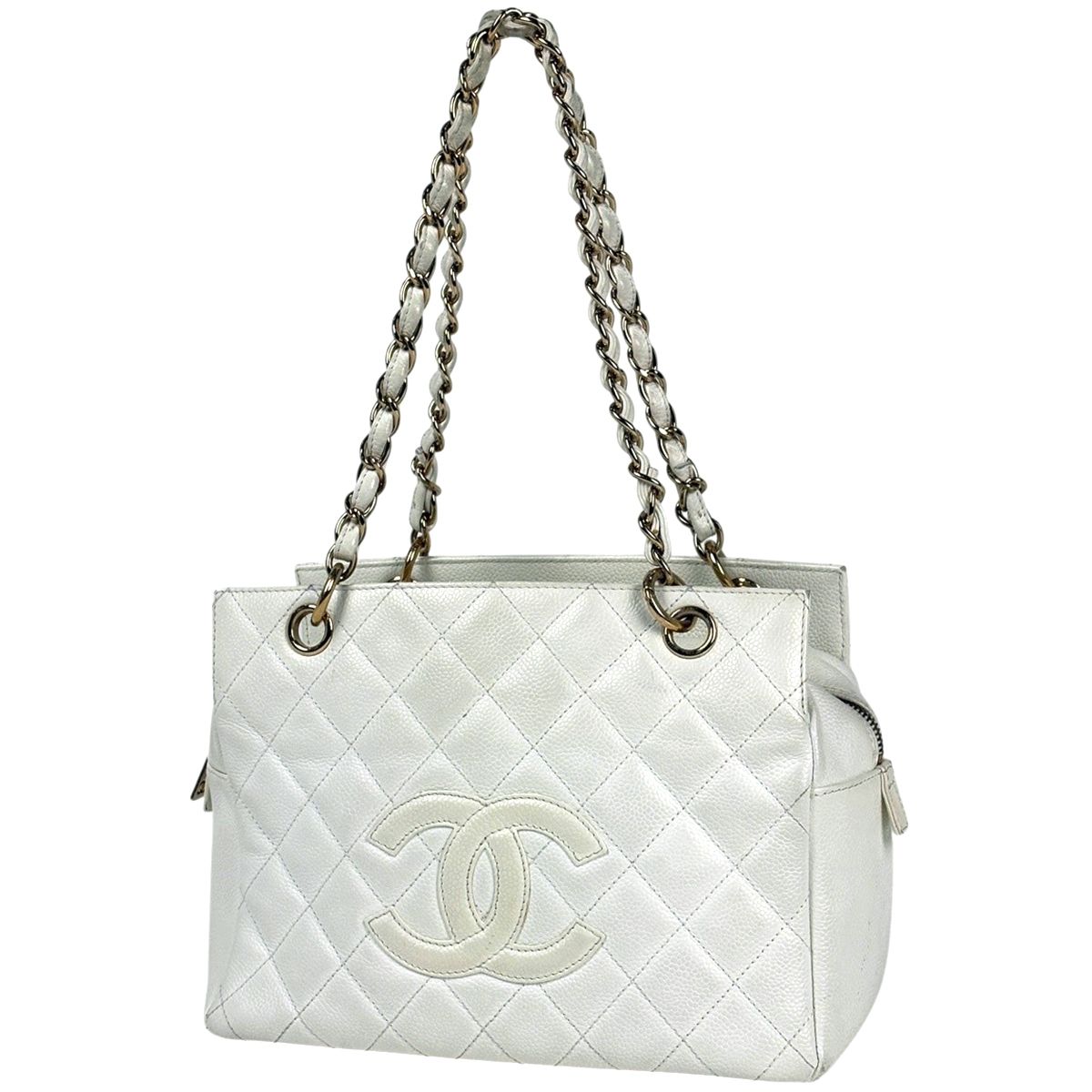 シャネル CHANEL ココマーク チェーン ショルダーバッグ トートバッグ マトラッセ CC キャビアスキン ホワイト レディース 【中古】