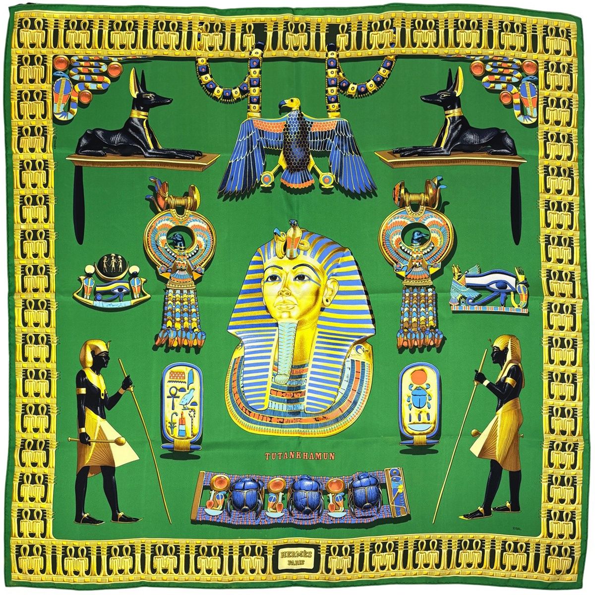 エルメス HERMES カレ90 TUTANKHAMUN ツタンカーメン エジプト スカーフ シルク グリーン マルチカラー レディース 【中古】