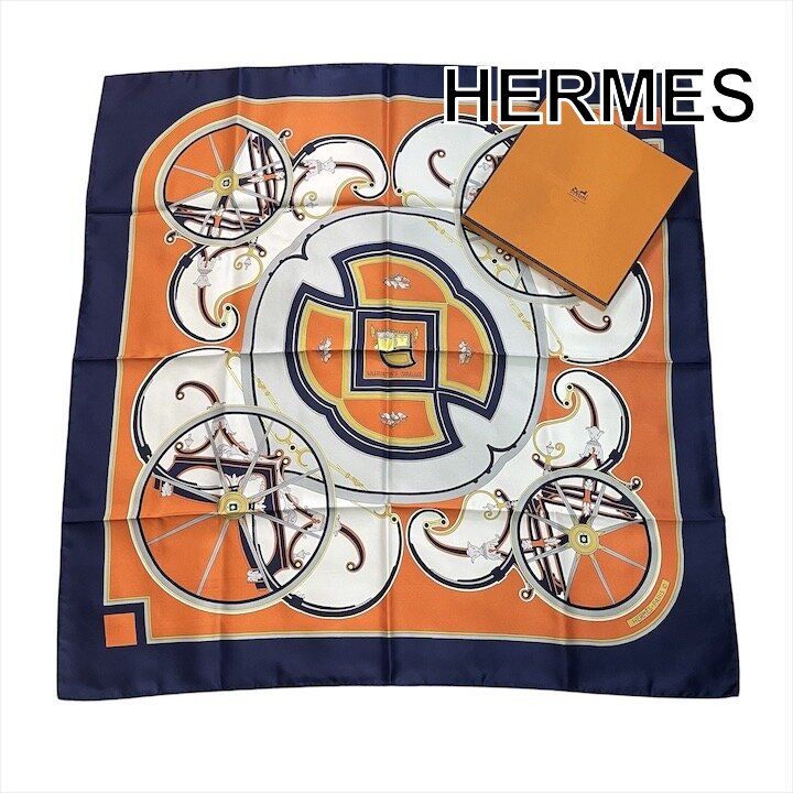 新品未使用品 HERMES エルメス カレ 90 大判 総柄 スカーフ シルク100％ 絹 レディース メンズ ファッション小物 アパレル オレンジ c391