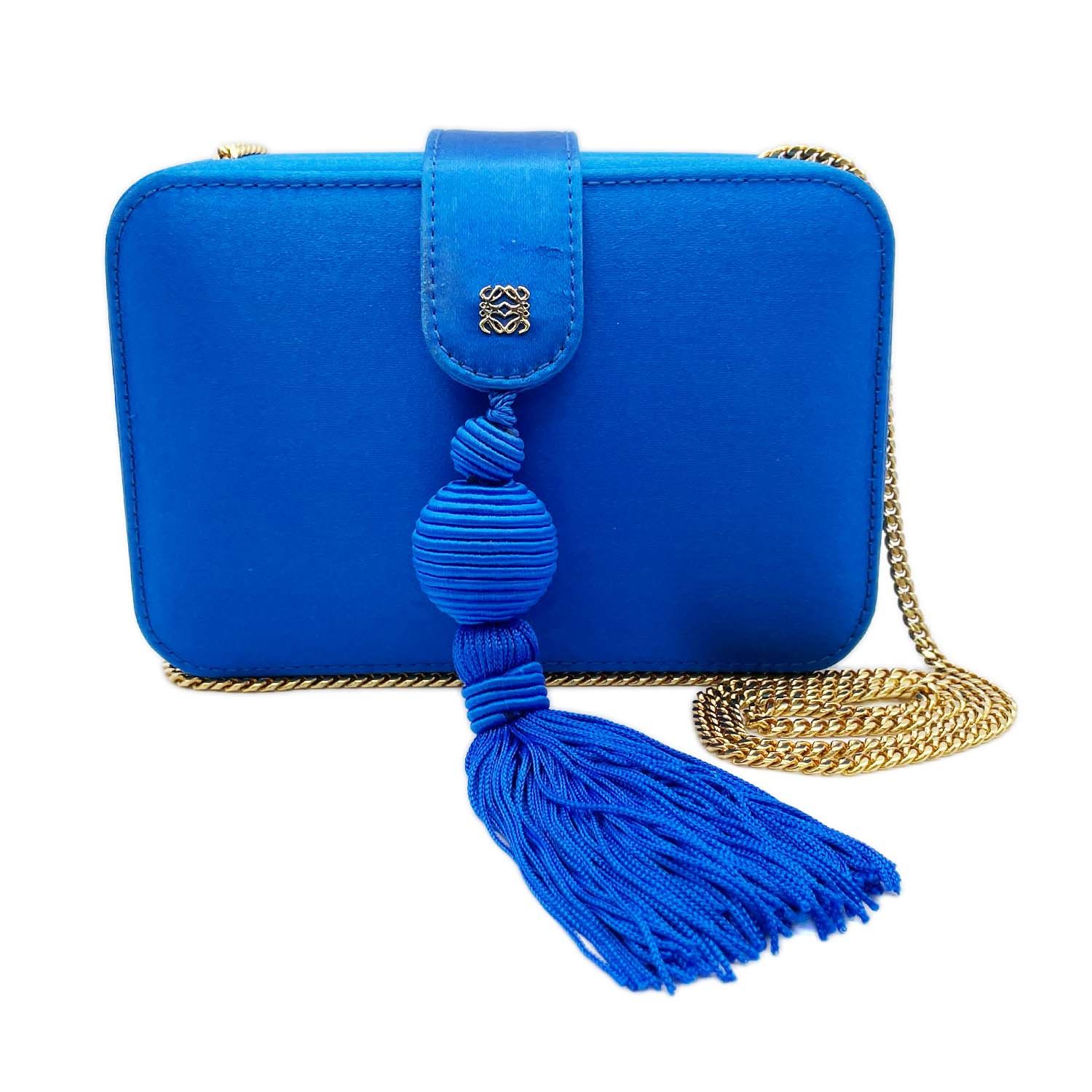 LOEWE ロエベ ヴィンテージ チェーン ショルダーバッグ クラッチバッグ サテン ブルー レディース 【中古】