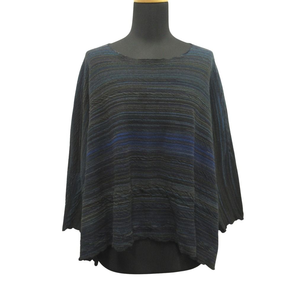 新品同様 JURGEN LEHL ヨーガンレール ワイド ボーダー ニット カットソー Tシャツ 七分丈 M ネイビー×マルチ レディース 古着 中古 USED