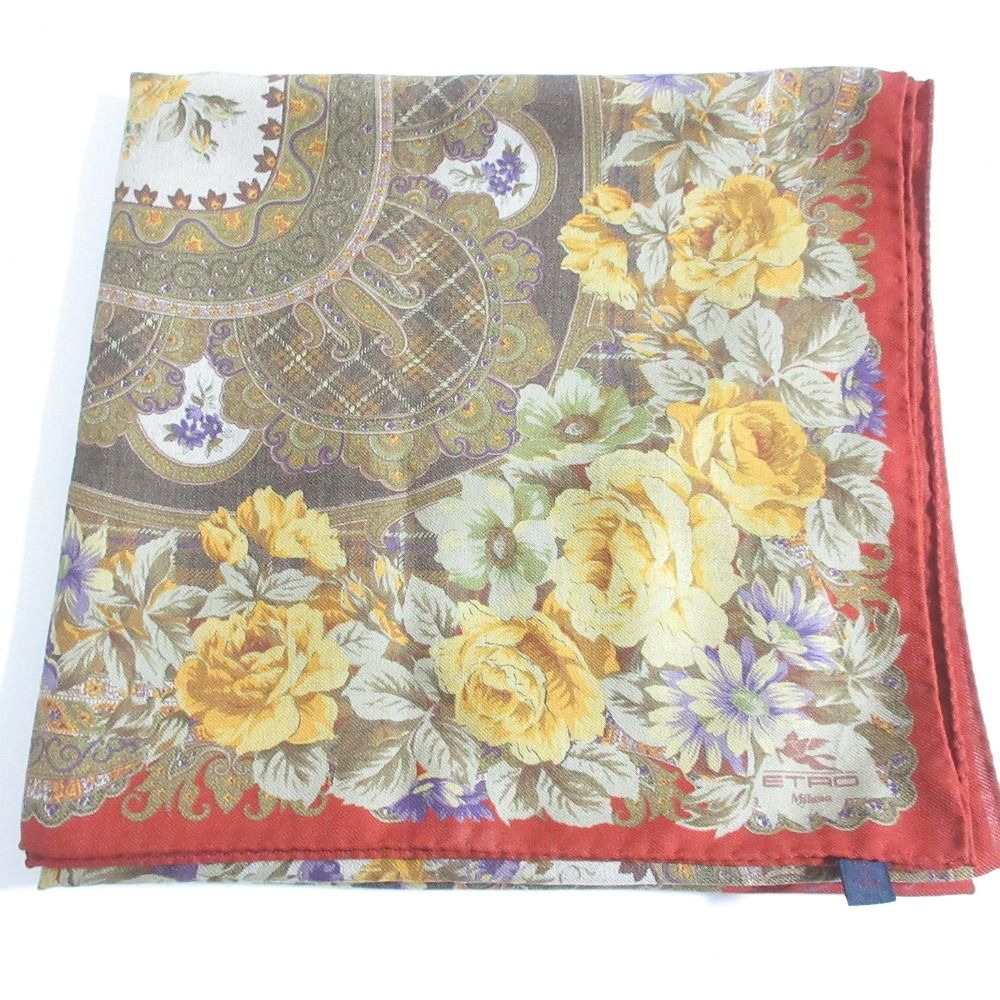 美品 ETRO エトロ フラワー ペイズリー柄 ウールシルク 大判ストール ショール カーキ系 レディース 古着 中古 USED