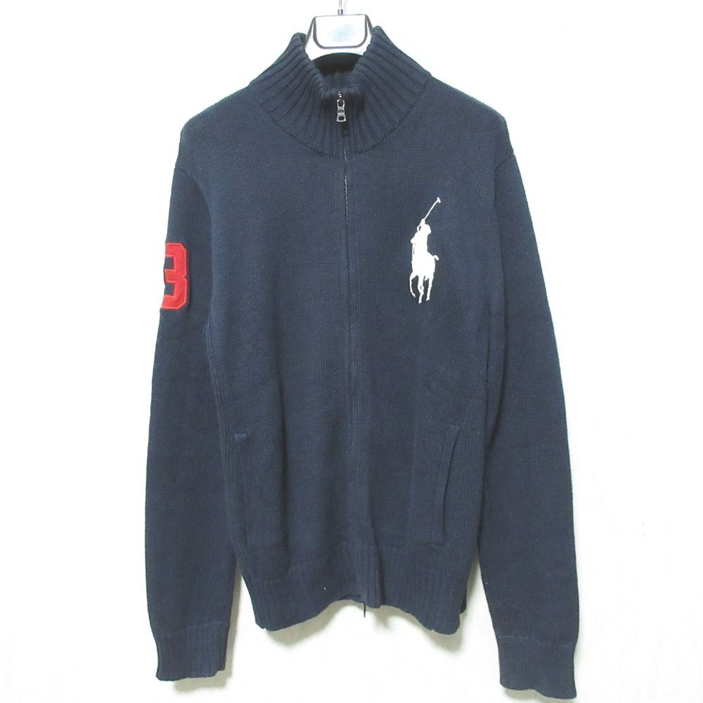 良品 Polo by Ralph Lauren ポロバイラルフローレン ビッグポニー ジップ カーディガン ニット ブルゾン ジャケット L ネイビー メンズ 古着 中古 USED