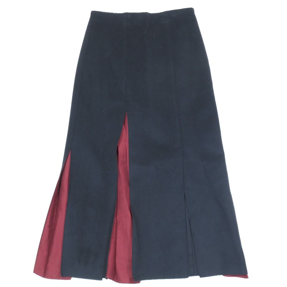 良品 JIL SANDER NAVY ジルサンダーネイビー ウール フレアスカート ロング マキシ丈 切替デザイン 36 ネイビー レッド レディース 古着 中古 USED