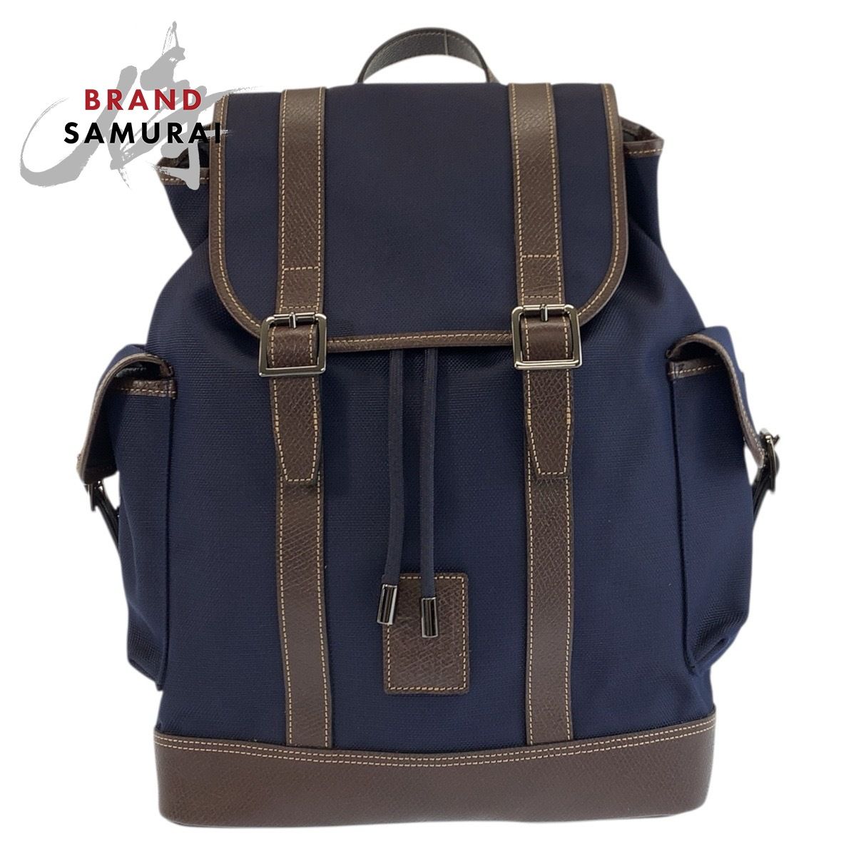 美品 Longchamp ロンシャン ボックスフォード ネイビー ブラウン キャンバス 20035080127 リュックサック バックパック レディース 602773【中古】