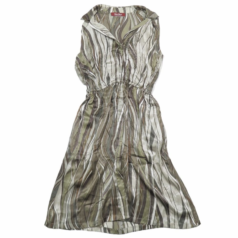 Max Mara STUDIO マックスマーラ ステュディオ ノースリーブ ワンピース ドレス 開襟 総柄 ハーフ 膝丈 フレアスカート グリーン レディース 古着 中古 USED