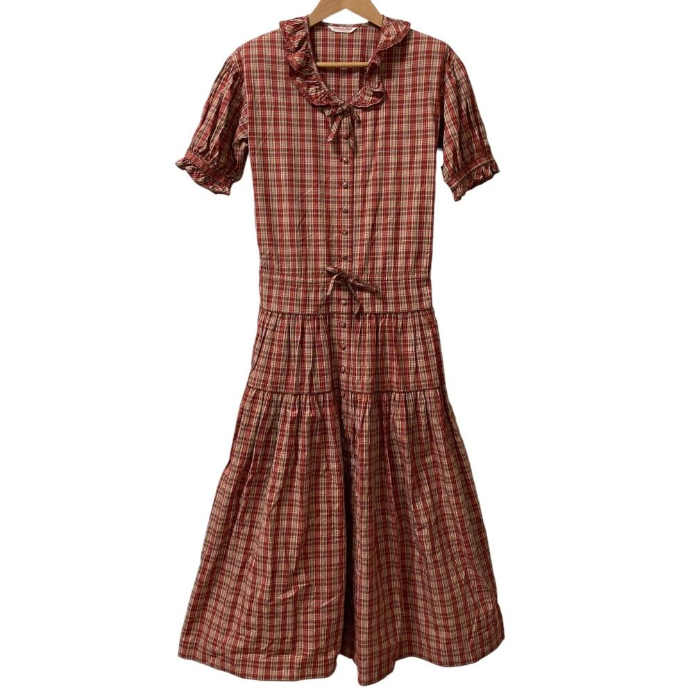 美品 WONDERFUL WORLD KANEKO ISAO ワンダフルワールド カネコイサオ チェック ピコフリル ワンピース W11FA33 レッド×マルチカラー レディース 古着 中古 USED