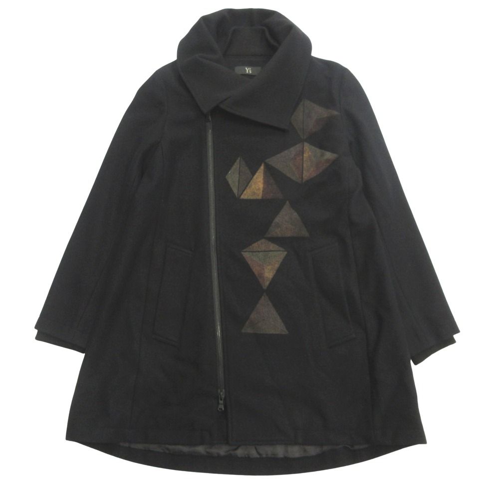 美品 Y's ワイズ Yohji Yamamoto ヨウジヤマモト 05ss 幾何学プリント コート ジャケット ブルゾン ウール 2 黒 ブラック レディース 古着 中古 USED