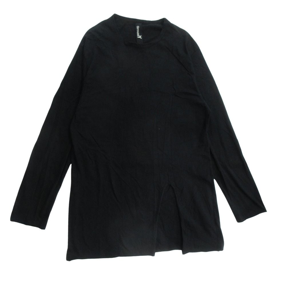 良品 Ground Y グラウンドワイ ヨウジヤマモト 16SS コットン ロング Tシャツ カットソー 長袖 無地 ダメージ アシンメトリー 3 黒 メンズ 古着 中古 USED
