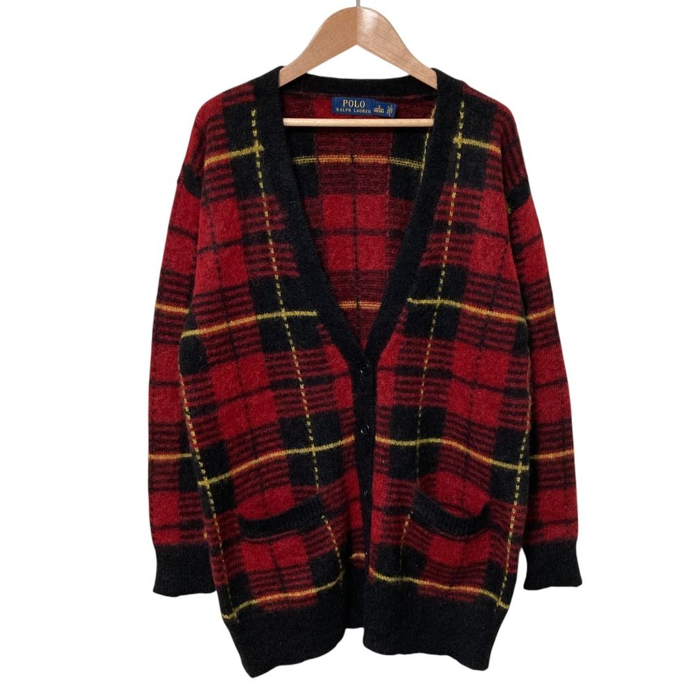 美品 POLO RALPH LAUREN ポロラルフローレン アルパカブレンド チェック Vネック ニットカーディガン サイズS レッド レディース 古着 中古 USED