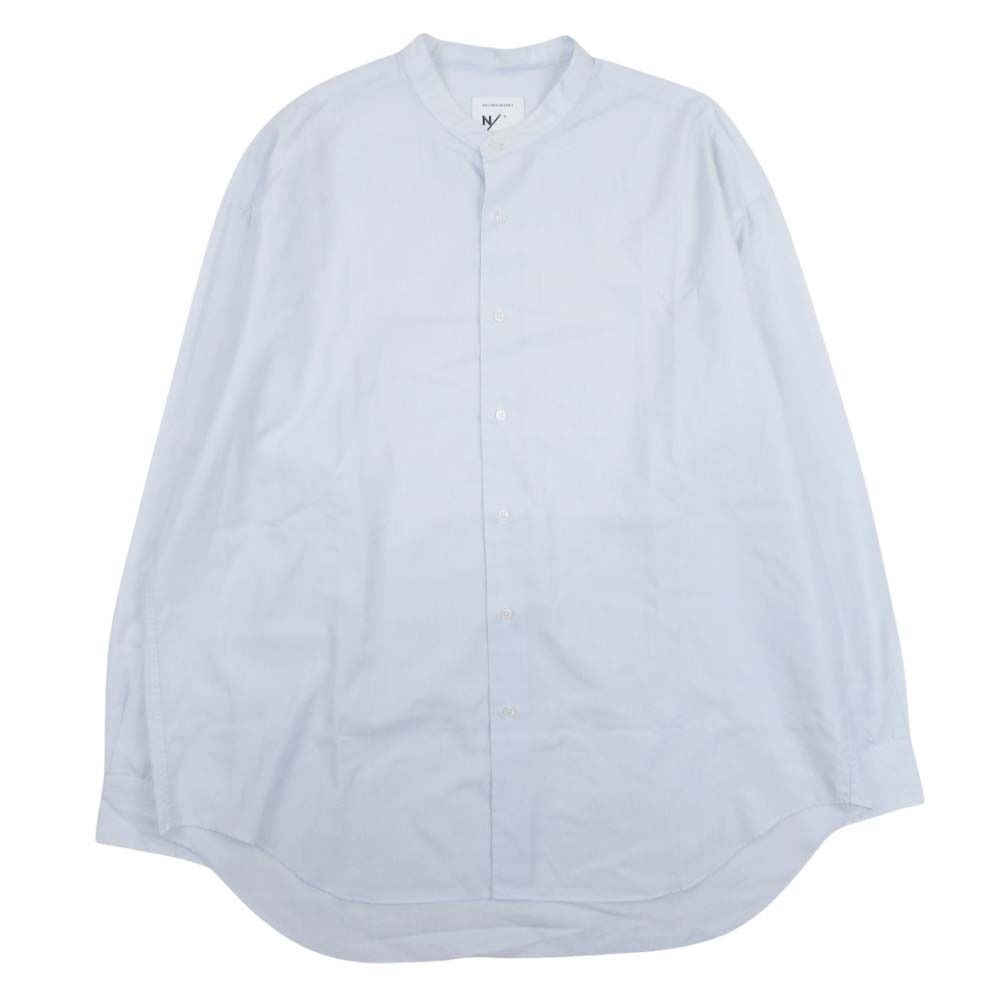 美品 NEUTRALWORKS ニュートラルワークス 24ss ラミー混 ストライプ バンドカラーシャツ オーバーサイズ M ライトブルー メンズ 古着 中古 USED