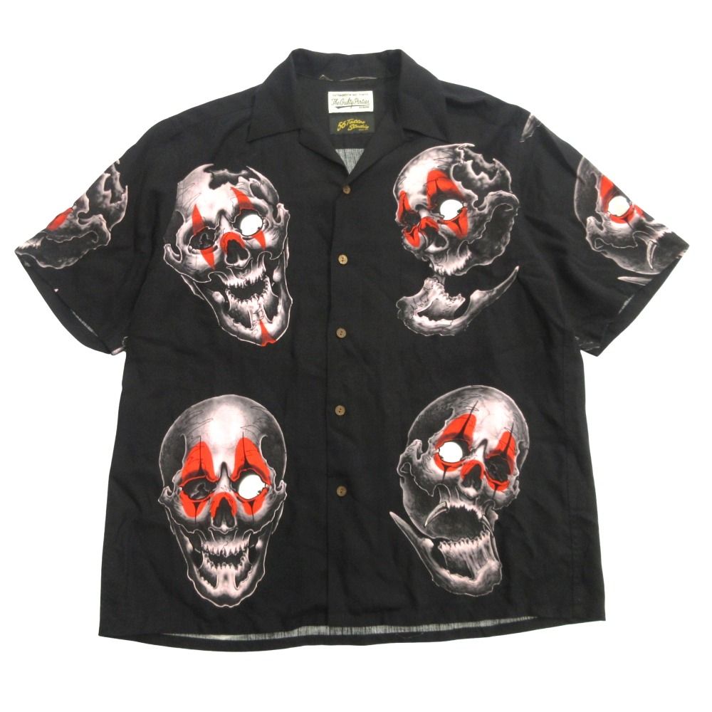 良品 WACKO MARIA ワコマリア 22ss 56 TATTOO STUDIO 56タトゥースタジオ アロハ シャツ 半袖 スカル プリント L 黒 ブラック メンズ 古着 中古 USED