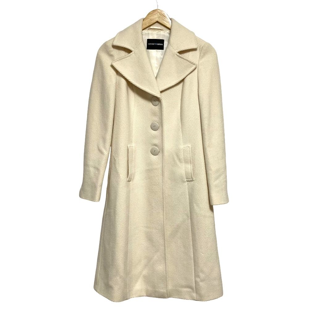 良品 EMPORIO ARMANI エンポリオアルマーニ ヘリンボーン アンゴラブレンド ウールコート サイズ38 ホワイト レディース 古着 中古 USED