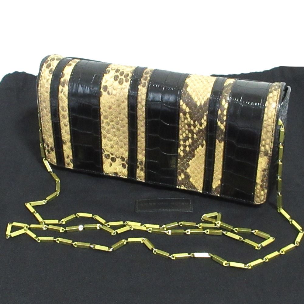 美品 DRIES VAN NOTEN ドリスヴァンノッテン パイソン クロコ型押し チェーンショルダーバッグ ブラック ベージュ レディース 古着 中古 USED