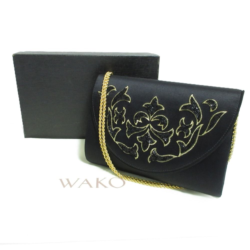 美品 WAKO ワコー 和光 刺繍 チェーンショルダーバッグ クラッチバック フォーマル ブラック レディース 古着 中古 USED