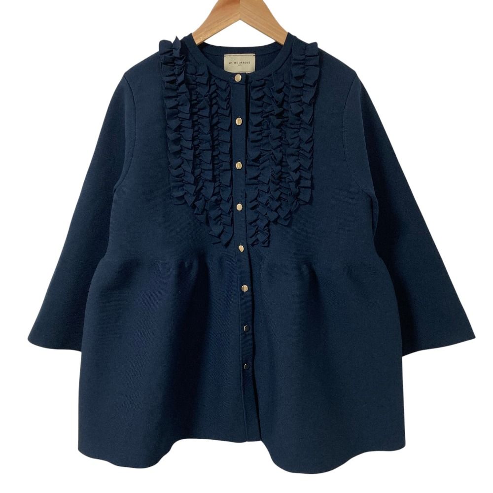 良品 UNITED ARROWS ユナイテッドアローズ ミニフリルニットカーディガン 1528-106-0334 ネイビー レディース 古着 中古 USED