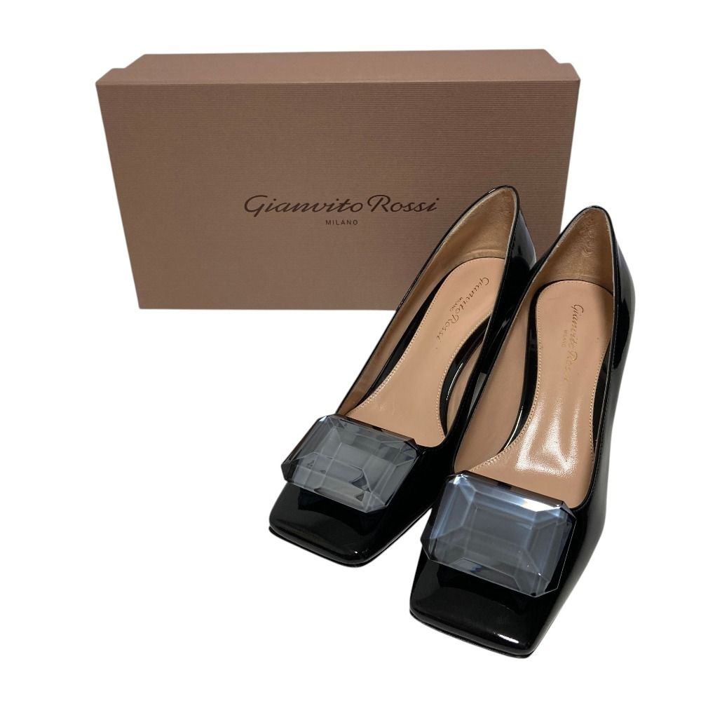 良品 Gianvito Rossi ジャンヴィトロッシ JAIPUR クリスタル パテントパンプス サイズ36 1/2 23.5cm相当 ブラック レディース 古着 中古 USED