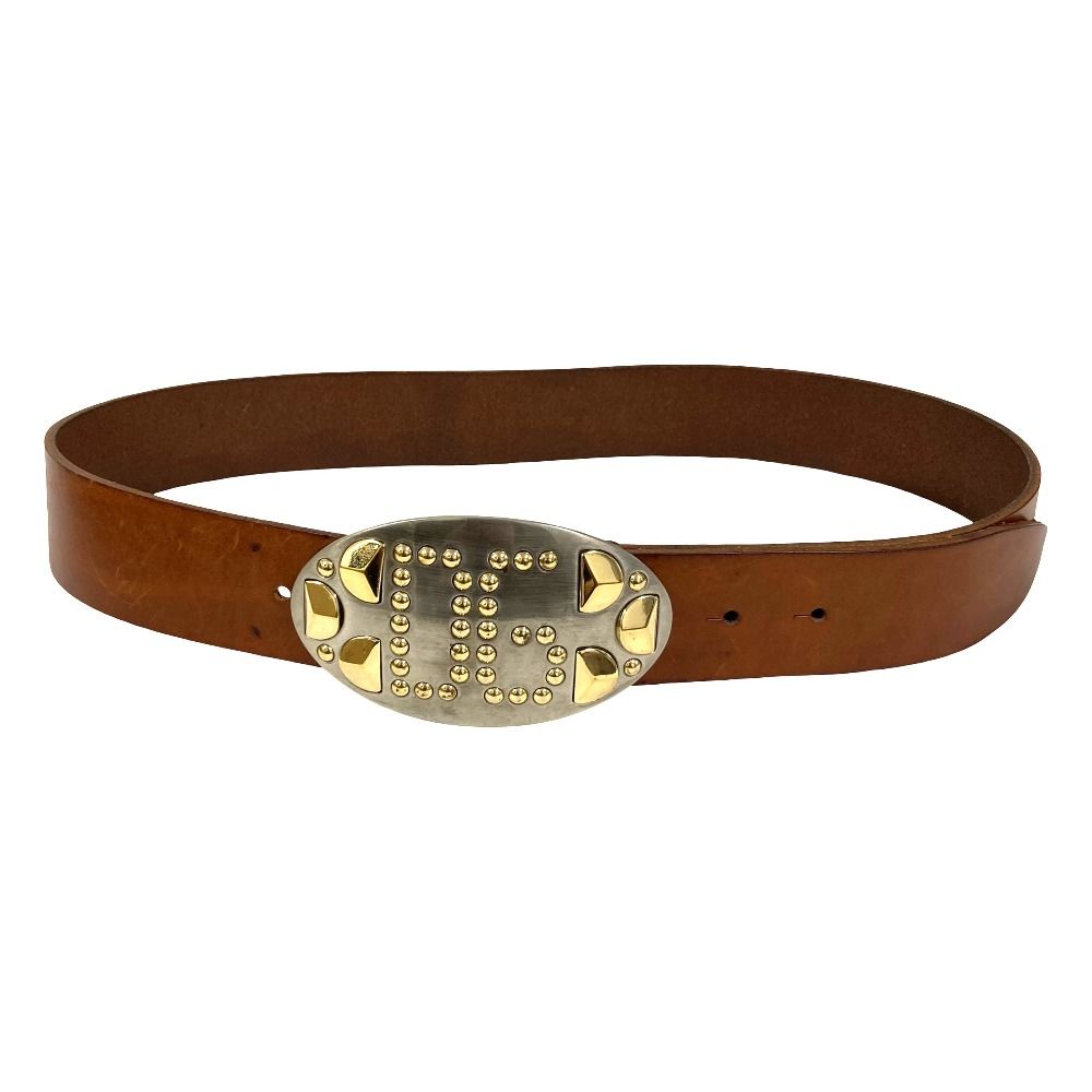 良品 DOLCE&GABBANA ドルチェアンドガッバーナ スタッズ ロゴバックル レザー ベルト 90cm W36 ブラウン メンズ 古着 中古 USED 7,649円