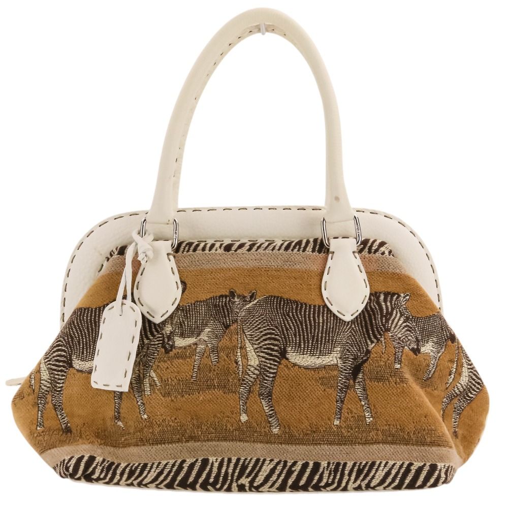 良品 FENDI フェンディ ゼブラ ジャガード セレリア ドクターズバッグ ハンドバッグ 8BN127 ベージュ ホワイト レディース 古着 中古 USED