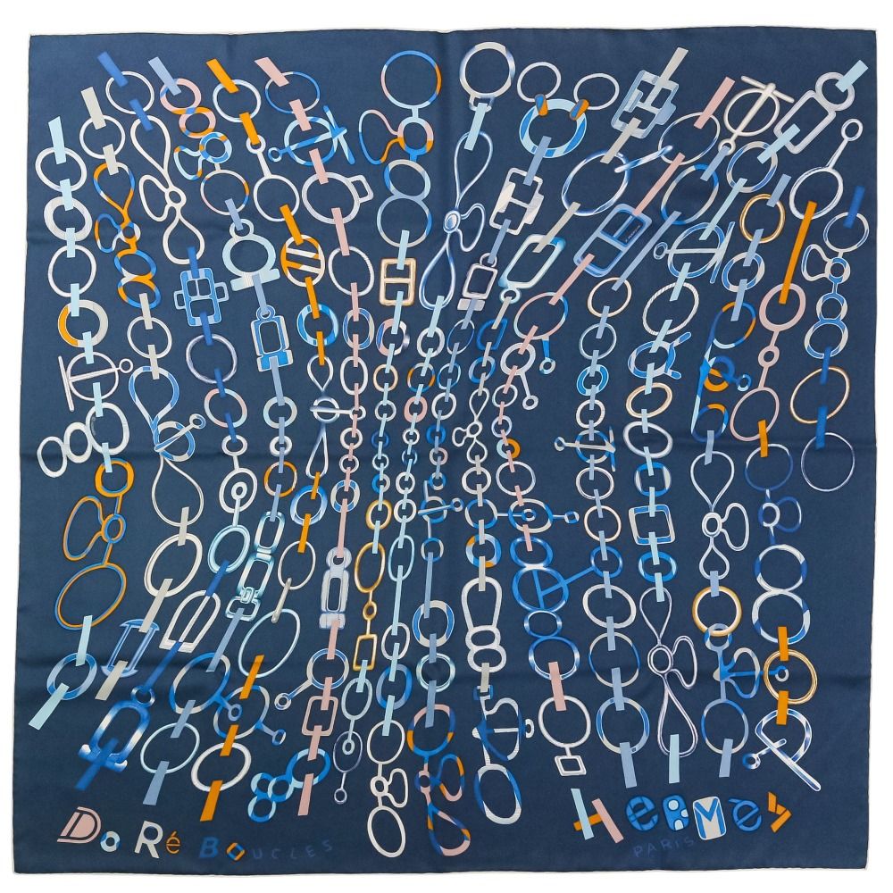 新品同様 Hermes エルメス カレ90 DO RE BOUCLES ド・レ・ブックル シルク スカーフ ブルー レディース 古着 中古 USED