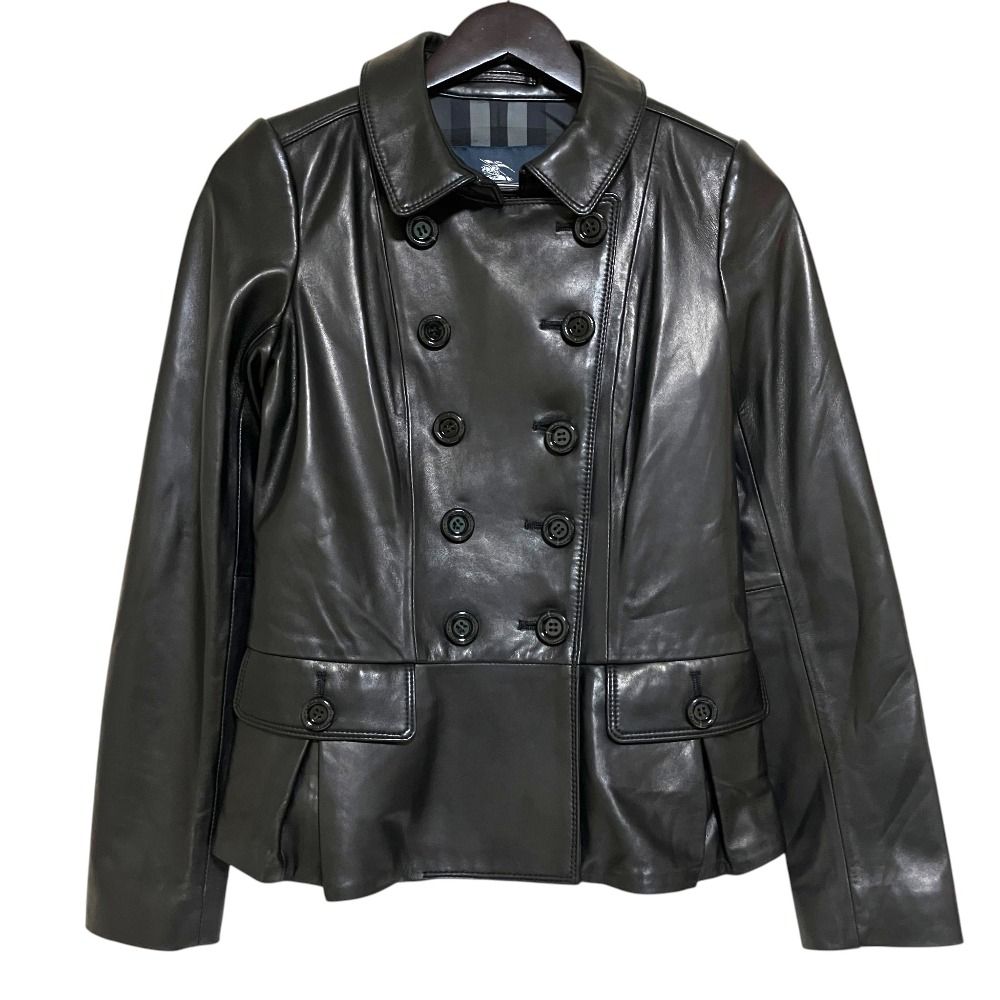 美品 BURBERRY LONDON バーバリーロンドン ノバチェック柄ライニング ラムレザー ダブルブレスト ジャケット サイズ38 ブラック レディース 古着 中古 USED