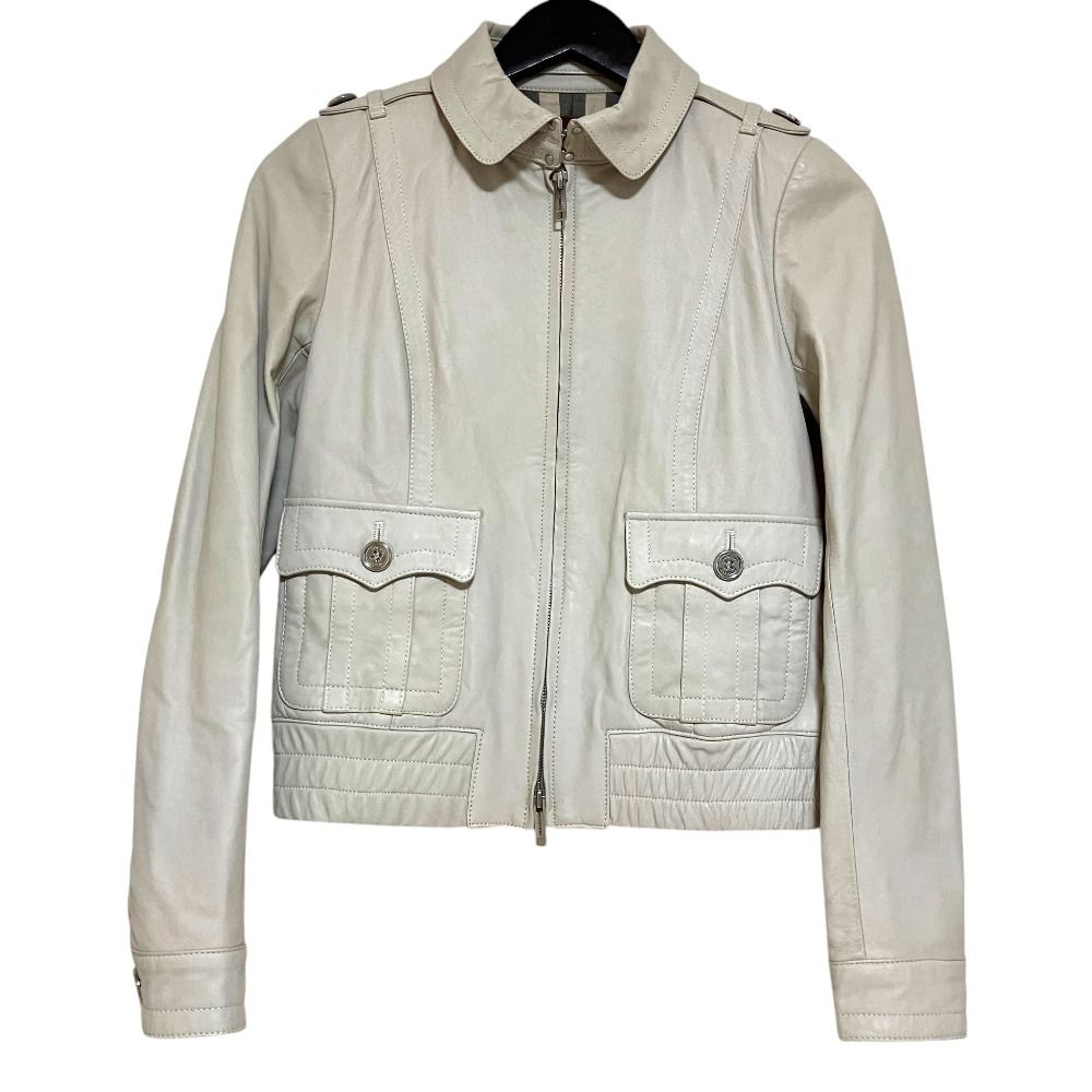 美品 BURBERRY LONDON バーバリーロンドン ノバチェック柄ライニング ラムレザー シングル ライダースジャケット 38 アイボリー レディース 古着 中古 USED