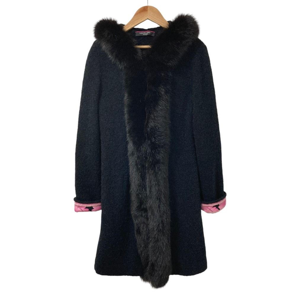 美品 LEONARD FASHION レオナールファッション アルパカ×ウール フォックスファー付き フーデッドコート サイズ40 ブラック レディース 古着 中古 USED